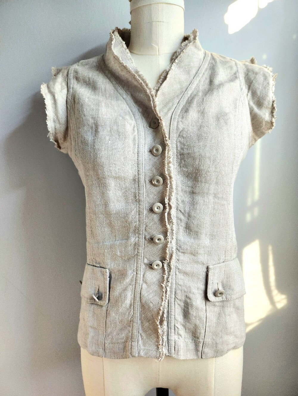 Philippe Adec Vintage 100% Linen Raw-Edge Button Front Vest Natural Color 4